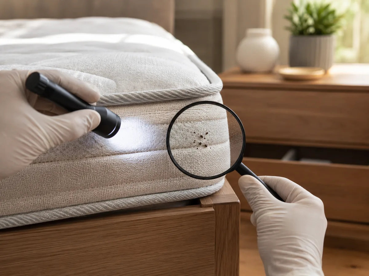 Professionelle Bettwanzen-Inspektion an Bett und Möbeln