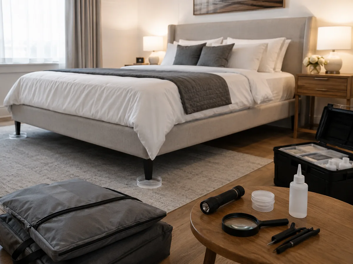 Vorbereitetes Schlafzimmer mit Monitoring und Inspektionsmaterial bei Bettwanzen