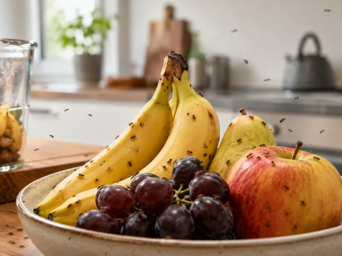 Fruchtfliegen an Obstschale oder Küchenbereich