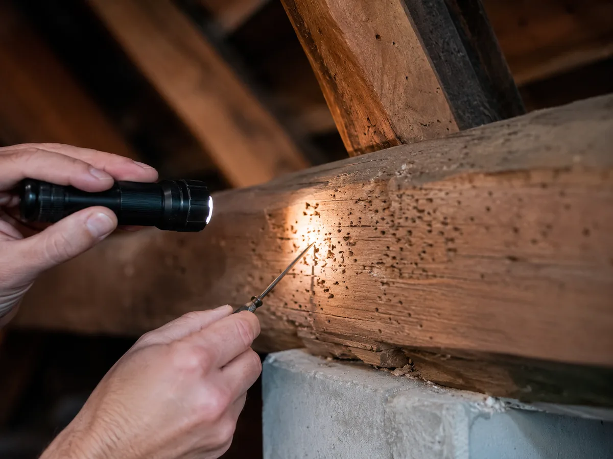 Professionelle Prüfung von Holzbefall an Balken oder Dachstuhl