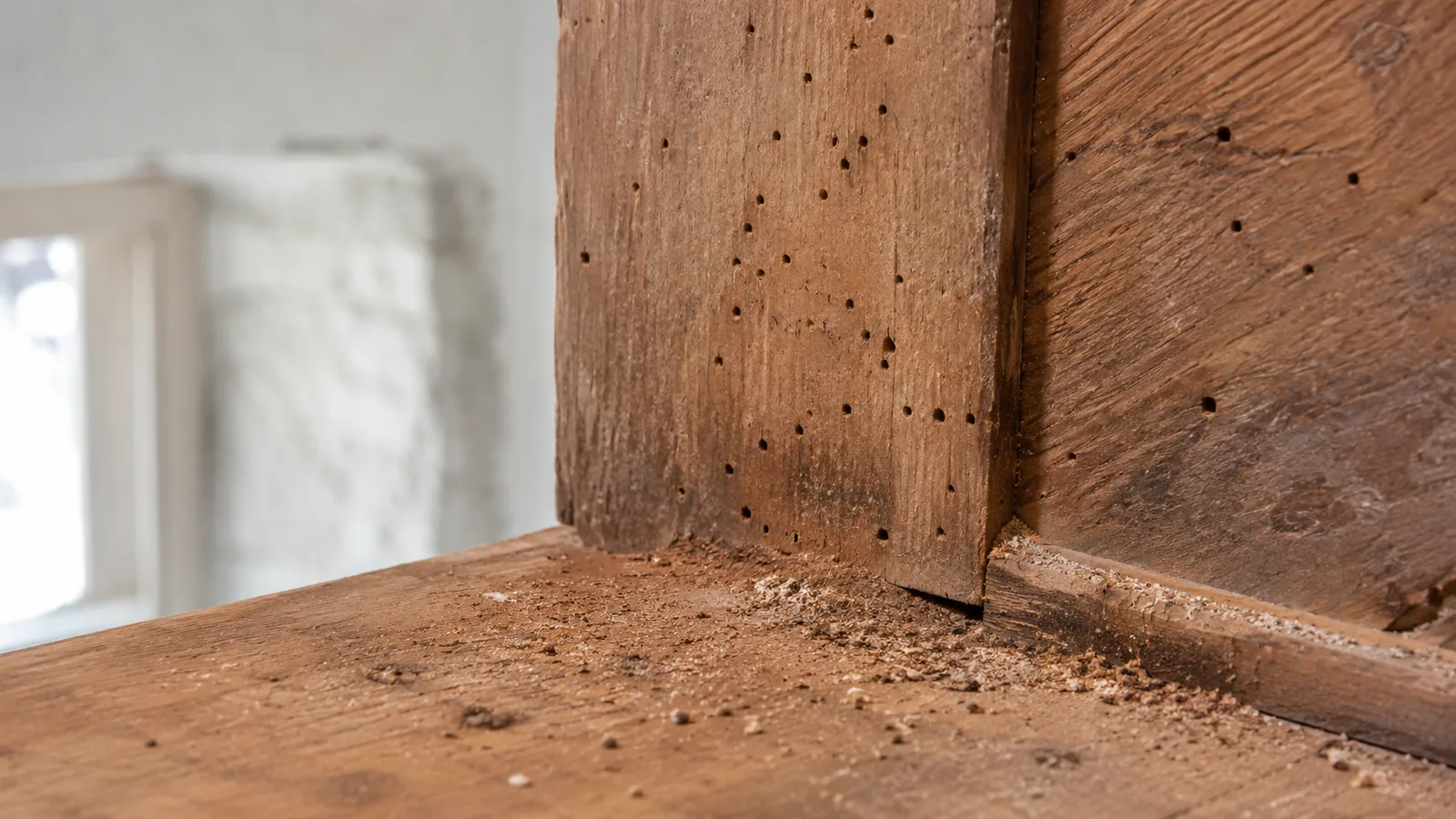 Fraßlöcher und Holzmehl an Holzbalken oder Möbeln