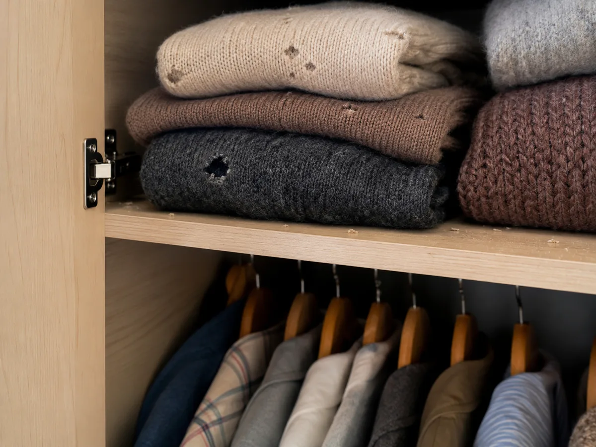 Textilien oder Schrank mit Kleidermottenhinweisen