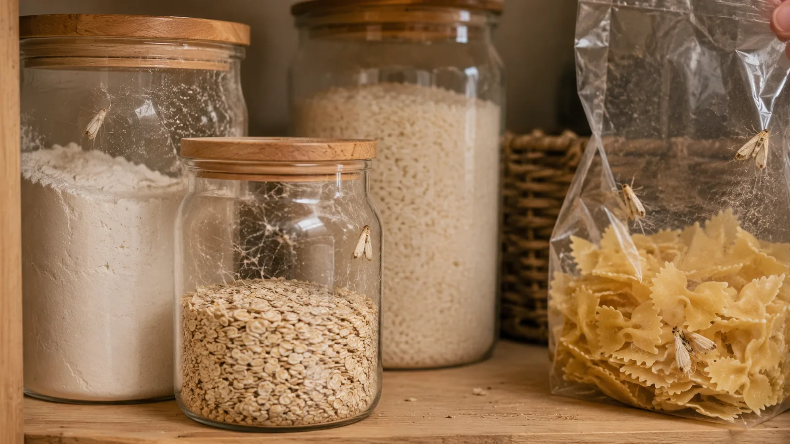 Lebensmittelmotten und Gespinste an Vorräten in einem Küchenschrank
