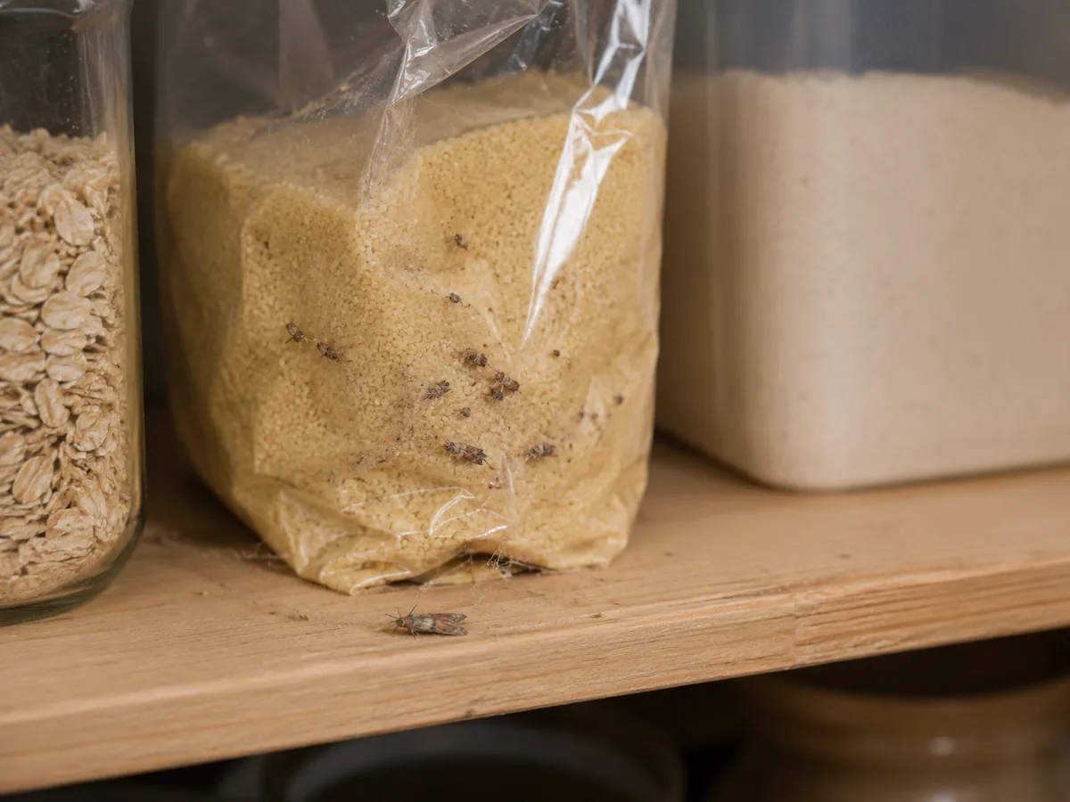 Vorratspackung mit Lebensmittelmotten und feinen Gespinsten