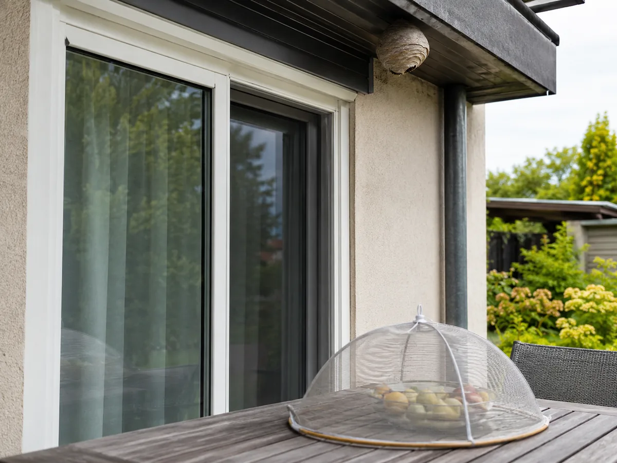 Geschützter Terrassenbereich mit abgedeckten Lebensmitteln unter einem Wespennest