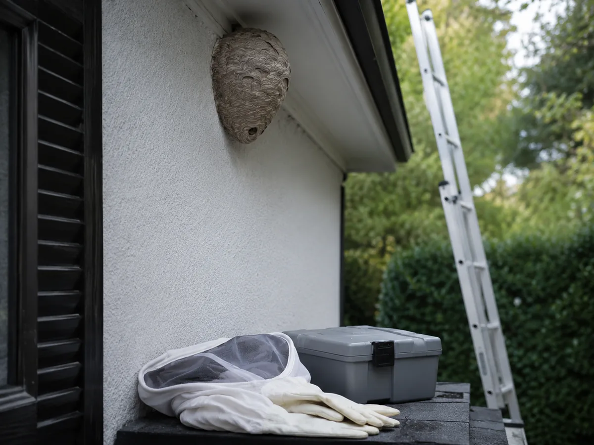 Wespennest am Haus mit Schutzkleidung, Gerätekoffer und Leiter